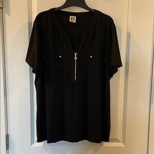Anne Klein Black Short Sleeve Zip-Up Blouse, Women XL